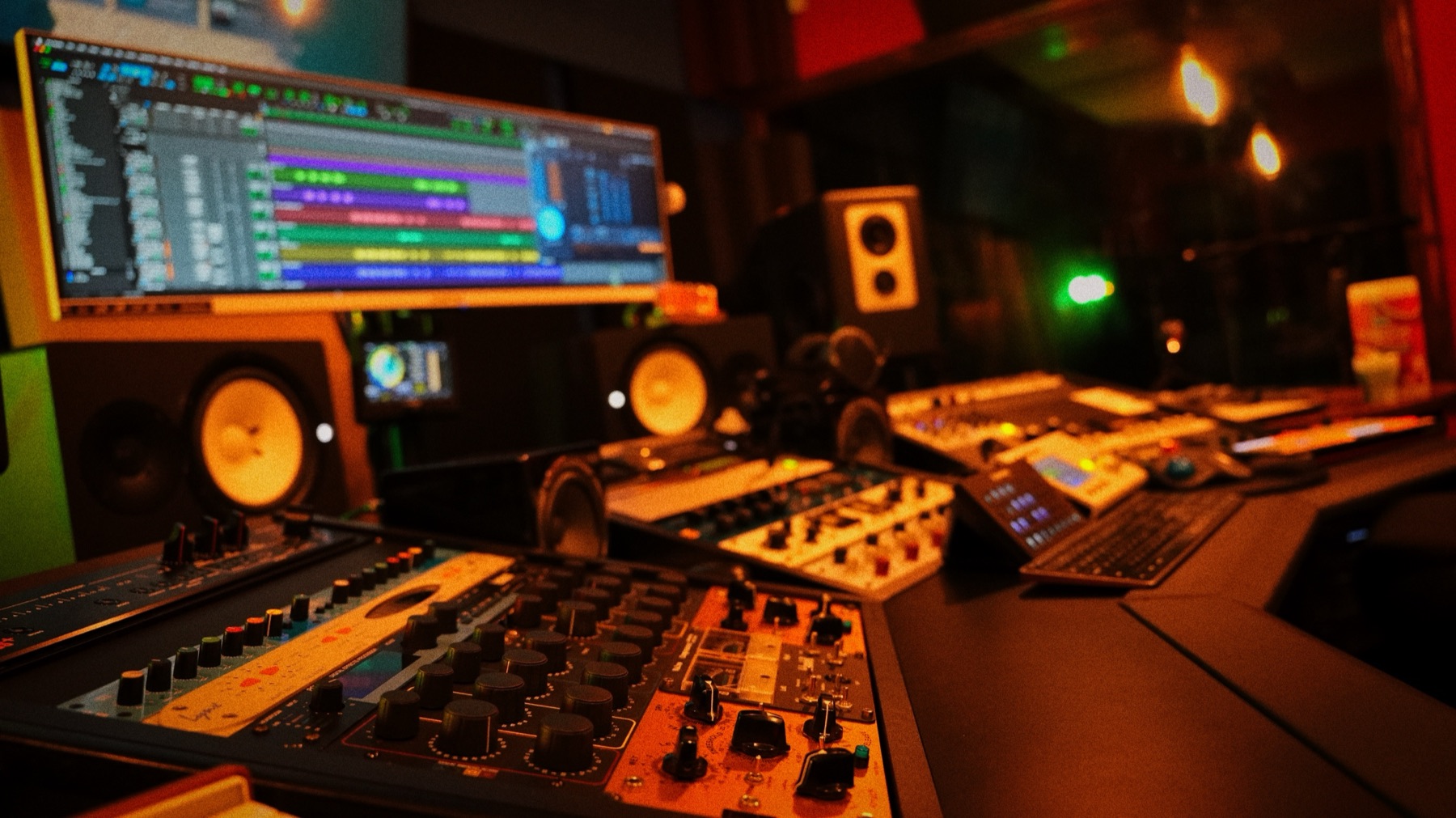 Outboard gear, monitors and Pro Tools session in the Xtrim Studios control room